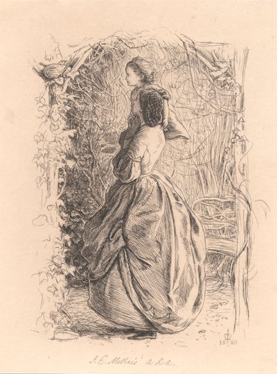 Szczęśliwego wiosennego czasu. Kobieta i dziecko patrząc na ptaka w gnieździe. autorstwa Sir John Everett Millais