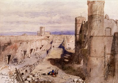 Zamek Harlech z murów obronnych, Walia, 1850 autorstwa Sir John Gilbert