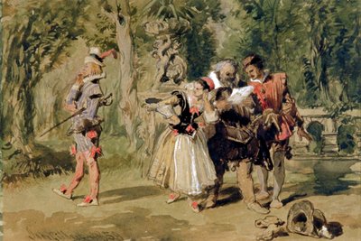 „Sir Andrew Aguecheek pisze wyzwanie”, 1859. autorstwa Sir John Gilbert