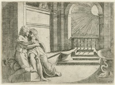 Abimelech ziet Isaak Rebekka liefkozen Bijbelse sceny (tytuł serii) Historia del Testamento Vecchio / Namalowany w Rzymie w Watykanie przez Raffaelle di Urbin (...) (tytuł serii) autorstwa Sisto Badalocchio