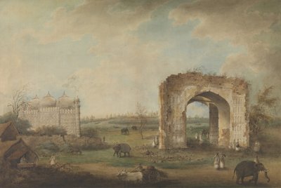 Widok na meczet i bramę w Motijhil, ca. 1814-23. autorstwa Sita Ram.