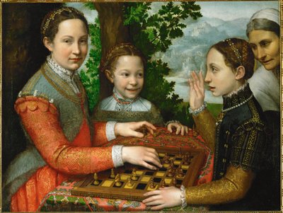 Gra w szachy z udziałem trzech sióstr malarza i służącego autorstwa Sofonisba Anguissola