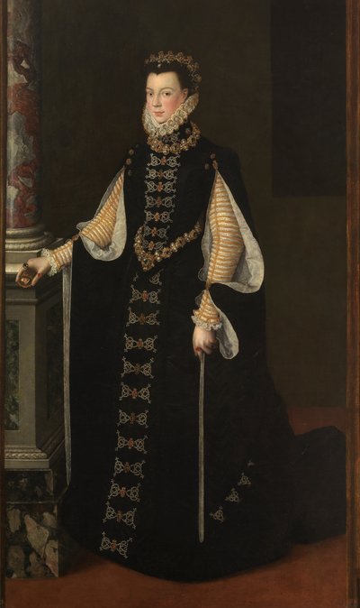 hiszpański: Isabel de Valois sosteniendo un retrato de Felipe II Portret Elżbiety z Valois trzymającej portret Filipa II autorstwa Sofonisba Anguissola