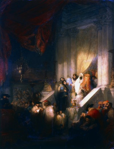 Czytanie z tablic prawa w synagodze, 1831 autorstwa Solomon Alexander Hart