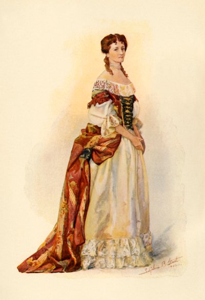 Suknia z czerwonego brokatu noszona w Barbados Colony c1685, 1903, 1937. autorstwa Sophie B. Steel