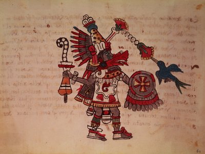 Quetzalcoatl, wąż z pióropuszem, bóg wiatru, nauka i kapłaństwo, pan życia, twórca i cywilizator, patron każdej sztuki i wynalazca metalurgii (wellum) autorstwa South American School