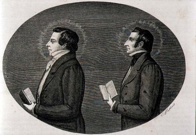 (Ltor) Joseph Smith (1805-44) założyciel Kościoła Mormonów i jego brat Hyrum, z „La Vuelta al Mundo”, opublikowany w Mardrid autorstwa Spanish School