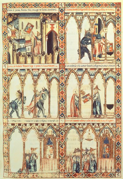 102-0002738 T.I.I. Cantiga 34, ilustracja z „Cantigas de Santa Maria”, wykonana pod kierunkiem Alfonsa X („Mądrego”) króla Kastylii i Leona (1221-84) (welum) (patrz także 68647) autorstwa Spanish School