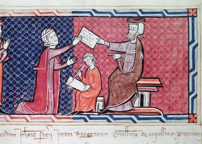 Kobieta składająca przysięgę przed królem Majorki Jakubem I (1207-76), detal przedstawiający sędziego, kobietę i skrybę, z Capbreu de Clayra et de Millas, 1292 (detal z 181839) autorstwa Spanish School