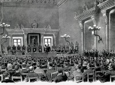 Spotkanie katalońskich nacjonalistów zebranych w ratuszu w Manresie w celu opracowania 16 baz służących katalońskiej konstytucji regionalnej w 1892 roku. Rysunek Jaume Pahissa. autorstwa Spanish School