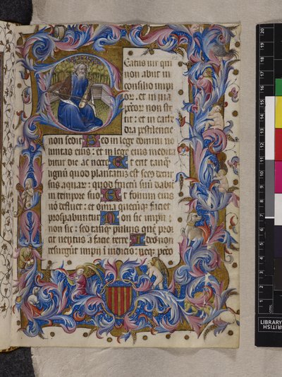 Dodaj MS 28962 f.82r Inicjał „B” przedstawiający króla Dawida, Psalm I, z „Psałterza i Godzin, użycie dominikańskie” lub „Książka modlitewna Alfonsa V z Aragonii”, c.1436-43 (tusz, kolor i złoto na welinie ) autorstwa Spanish School