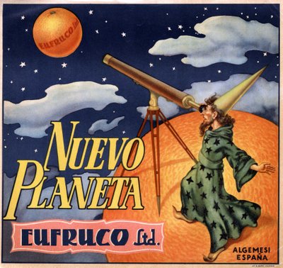 Reklama z iluzjonistą obserwującym „nową planetę Orange””. Plakat reklamowy, Walencja autorstwa Spanish School