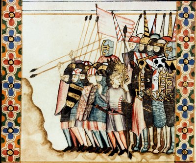 Armee des croises Fragment strony zaczerpniętej z rękopisu Pieśni Najświętszej Marii Panny (Cantigas de Santa Maria), zdobiąca miniatury poświęcone Najświętszej Marii Pannie i jej cudom, zbiór pieśni redyge za panowania Alfonsa X Mądrego (1221- 1284). autorstwa Spanish School