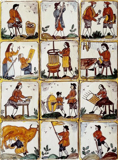 Zawody rzemieślnicze: szewc, bednarz, wytwórca koszy wiklinowych, winiarz, lektor rysunkowy, muzyk, dojarz krów, temperówka, rolnik, ebenista. Katalońskie płytki ceramiczne (Hiszpania) autorstwa Spanish School