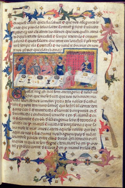 Bankiet wydany przez ks. Martella dla Jakuba I (1208-76) w Tarragonie w 1228 r., na którym uzgodniono podbój Balearów, z „Libre dels Feits” (welin) (patrz także 113569) autorstwa Spanish School
