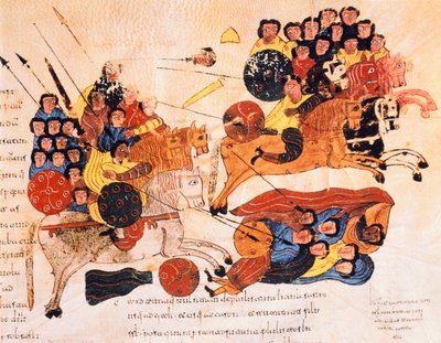 Bitwa między Hebrajczykami a Filistynami, z Wizygotycko-Mozarabskiej Biblii św. Izydora, fol.119r., AD 960 (tempera na welinie) autorstwa Spanish School