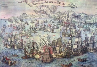 Bitwa pod Downs, 21 października 1639 (kolorowy grawerunek) autorstwa Spanish School