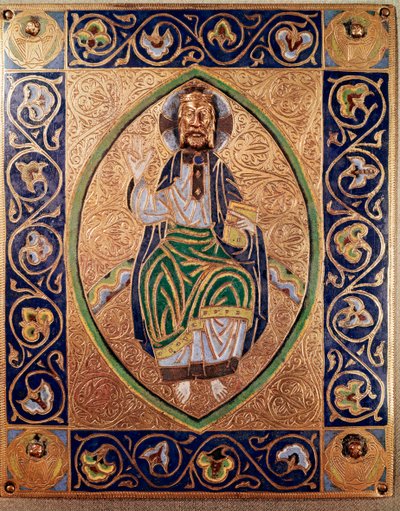 Chrystus Pantokrator „Metalowa blacha złocona i emaux Szkoły Hiszpańskiej” autorstwa Spanish School