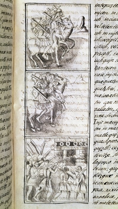 Kodeks podboju Meksyku: Hiszpanie gotowi do ataku na miasto Tenochtitian. Miniatura florenckiego manuskryptu "Storia degli Aztechi" (Historia Azteków) autorstwa Bernardino de Sahaguna autorstwa Spanish School