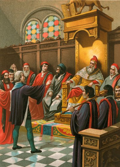 Kolumb przed Senatem w Wenecji autorstwa Spanish School