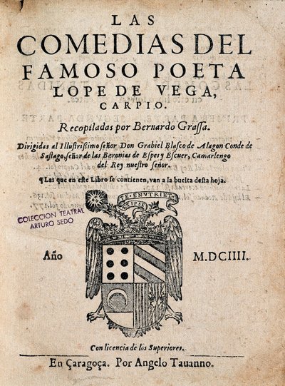 Okładka Komedii słynnego poety Lope de Vega Felixa Lope de Vega Carpio (1562-1635), wydanie 1604 (monografia drukowana) autorstwa Spanish School