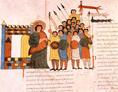 Wyjazd armii króla Dawida na wojnę, z Wizygotycko-Mozarabskiej Biblii św. Izydora, fol.131v., AD 960 (tempera na welinie) autorstwa Spanish School