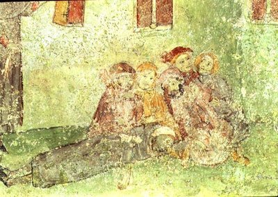 Fragment robotników budujących świątynię, fresk pod chórem kościoła św. Marii z Lluca (fresk) autorstwa Spanish School