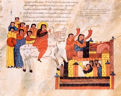 Wjazd króla Dawida do Jerozolimy przy dźwiękach trąb, z Wizygotycko-Mozarabskiej Biblii św. Izydora, fol.135r., AD 960 autorstwa Spanish School