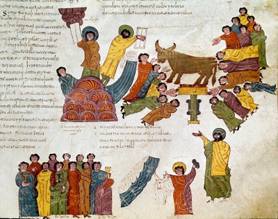 Exodus: „”adoracja złotego cielca”””Mojżesz i Tablice Prawa. Miniatura z Biblii mozarabskiej. X wiek. Leona. Biblioteka Królewskiej Kolegiaty św. Izydora. Hiszpania autorstwa Spanish School