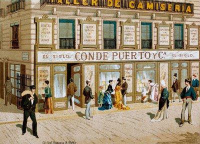 Moda: plakat reklamowy butiku sklepu tekstylnego „Conde Puerto” Barcelona. 19 wiek autorstwa Spanish School