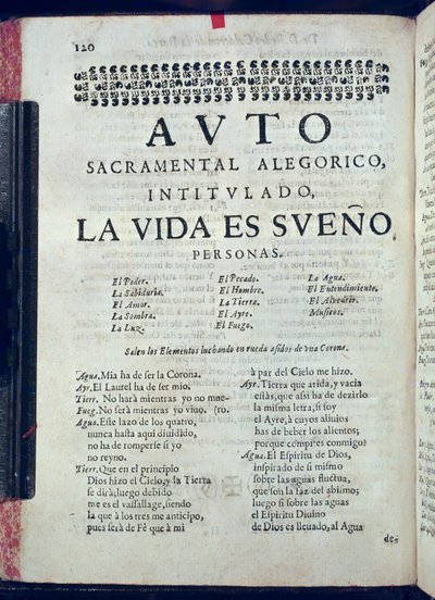 Pierwsza strona La Vida es Sueno z Los Autos Sacramentales autorstwa Pedro Calderon de la Barca (1600-81) pod redakcją Juana Garcii Infanzona, 1690 (papier drukowany) autorstwa Spanish School