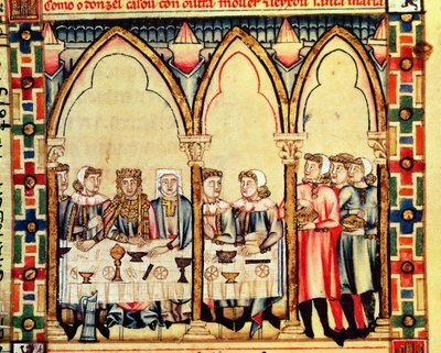 Fol.16v Bankiet zaręczynowy, z rękopisu wykonanego pod kierunkiem Alfonsa X Mądrego Króla Kastylii i Leona autorstwa Spanish School
