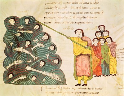 Fol.39v Mojżesz zamykający Morze Czerwone na Egipcjan, z Biblii Mozarabe autorstwa Spanish School