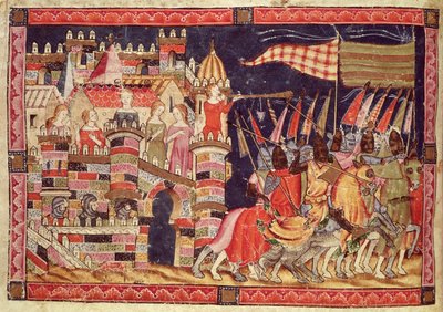 Fol.86v Trojanie wyjeżdżające do bitwy, z Kodeksu Benito Santa Mora autorstwa Spanish School