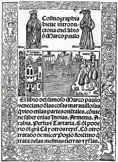 Frontyspis do pierwszej kastylijskiej wersji Podróży Marco Polo w przekładzie Rodrigo de Santaella, wydanej w 1503 autorstwa Spanish School