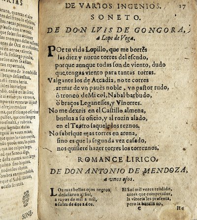 GOGOORA Y ARGOTE, Luis de (1561-1627). Hiszpański poeta Złotego Wieku; VEGA CARPIO, Felix Lope de (1562-1635). Soneto a Lope de Vega" (Sonet do Lope de Vega), wiersz zawarty w "Poesias varias de grandes ingenios espanoles", kompilacja wykonana przez Ios autorstwa Spanish School