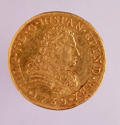 Złota moneta (8 ecu) z Hiszpanii: panowanie Filipa (Filippo lub Filipa) V (1700-1746). 1739 śr. 3,6 cm Neapol, muzeum archeologiczne autorstwa Spanish School