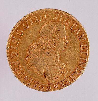 Złota moneta (8 ecu) z Hiszpanii: Panowanie Ferdynanda VI (1746-1759). 1759 Średnica. 3,5 cm Neapol, muzeum archeologiczne autorstwa Spanish School