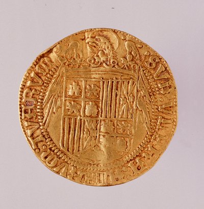 Złota moneta z Hiszpanii: panowanie króla katolickiego Ferdynanda i Izabeli (Ferdynanda II Aragońskiego i Izabeli I Kastylii). 1474-1516 śr. 2,7 cm Neapol, muzeum archeologiczne autorstwa Spanish School