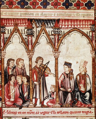 Grupa trubadurów, ilustracja z „”Cantigas de Santa Maria”””, wykonana pod kierunkiem Alfonsa X („Mądrego”) króla Kastylii i Leona (1221-84) - Dwór Króla i Muzycy. miniatura z rękopisu Pieśni Najświętszej Marii Panny (Cantig autorstwa Spanish School