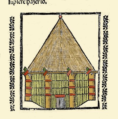 Siedlisko: opis Cabane des Indigenes Caraibes. Grawer z książki „Ogólna historia Indii, wysp i lądu oceanicznego” autorstwa Gonzalo Fernandeza de Oviedo (Gonzalo) lub Fernandez de, ou Hernandez de Oviedo y Valdes (1478-1557) autorstwa Spanish School