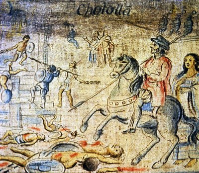 Hernan Cortes jedzie nad zmarłymi po bitwie pod Cholulą z Doną Mariną, idącą za nim jego kochanką i tłumaczką (litografia kolorowa) autorstwa Spanish School