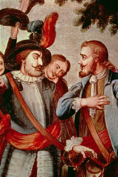Hernando Cortes (1485-1547) i Diego di Velasquez (1465-1524) (olej na płótnie) (detal) (patrz 113574) autorstwa Spanish School