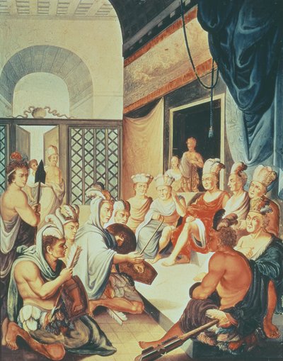 Ambasador Hernando Cortes przyjmuje meksykańskich Indian w Tlaxcala autorstwa Spanish School