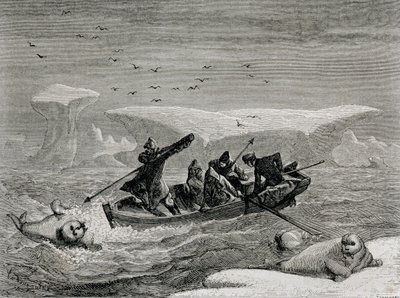 Polowanie na morsa z harpunami na Spitsbergenie, archipelag Svalbard, ilustracja z „Powrotu do świata”, 1865 autorstwa Spanish School