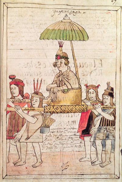 Ilustracja przedstawiająca Huascar Inca z "Historia y Genealogia Real de los Reyes Incas del Peru, de sus hechos, costumbres, trajes y manera de Gobierno", znanego jako Codice Murua (pergamin). autorstwa Spanish School