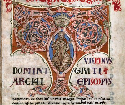 Inicjał T z przedstawieniem Karola Wielkiego, ilustracja z Codex Calixtinus, c.1140 autorstwa Spanish School