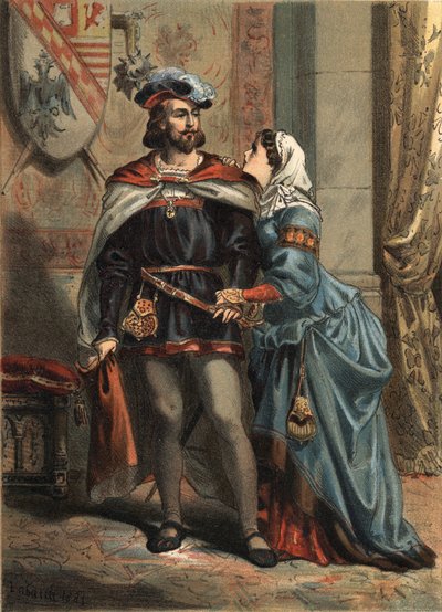 Joanna Hiszpańska znana jako La Folle (1479-1555), królowa Kastylii i jej małżonek Filip Le Beau (1478-1506) król Hiszpanii i arcyksiążę Austrii w „El Culto de la Hermosura” autorstwa Juan Justo Huguet, Molinas Hermanos redaktorzy autorstwa Spanish School