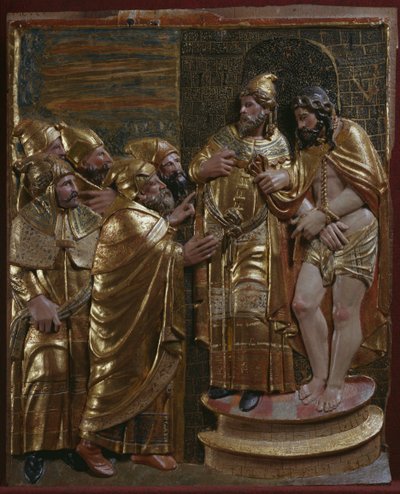 Jezus przed Kajfaszem, fragment renesansowego ołtarza (drewno malowane i złocone) autorstwa Spanish School