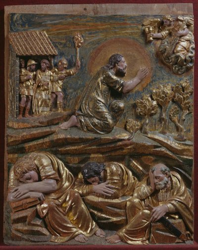 Jezus w Ogrójcu, fragment renesansowego ołtarza (drewno malowane i złocone) autorstwa Spanish School